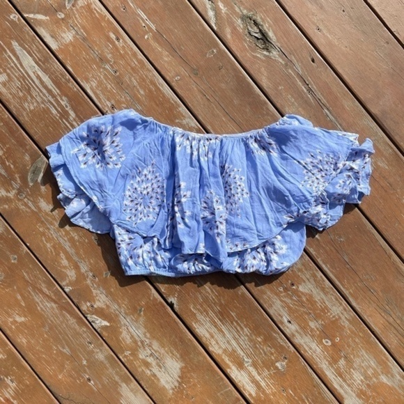 Blue Floral Print Ruffle Off The Shoulder Top - Picture 4 of 7